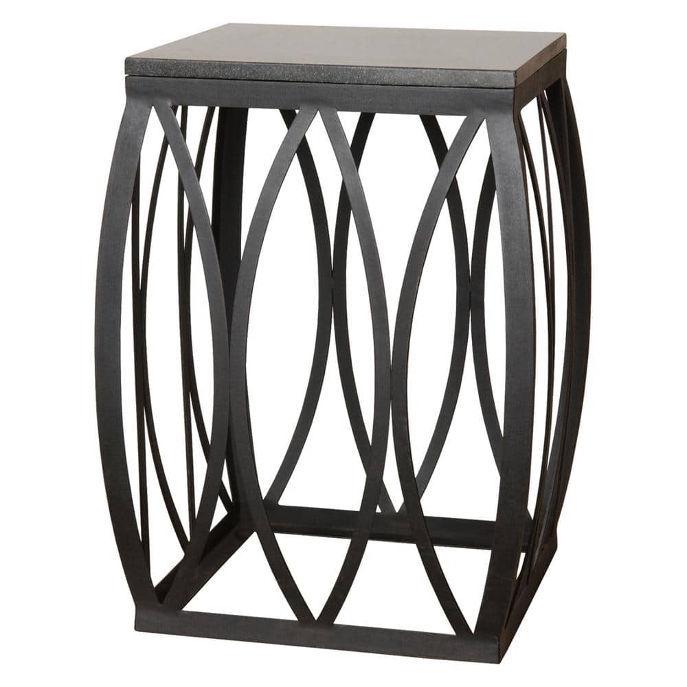 Emissary 23 in. Vault Black Metal Side Table/Stool with a Black Granite