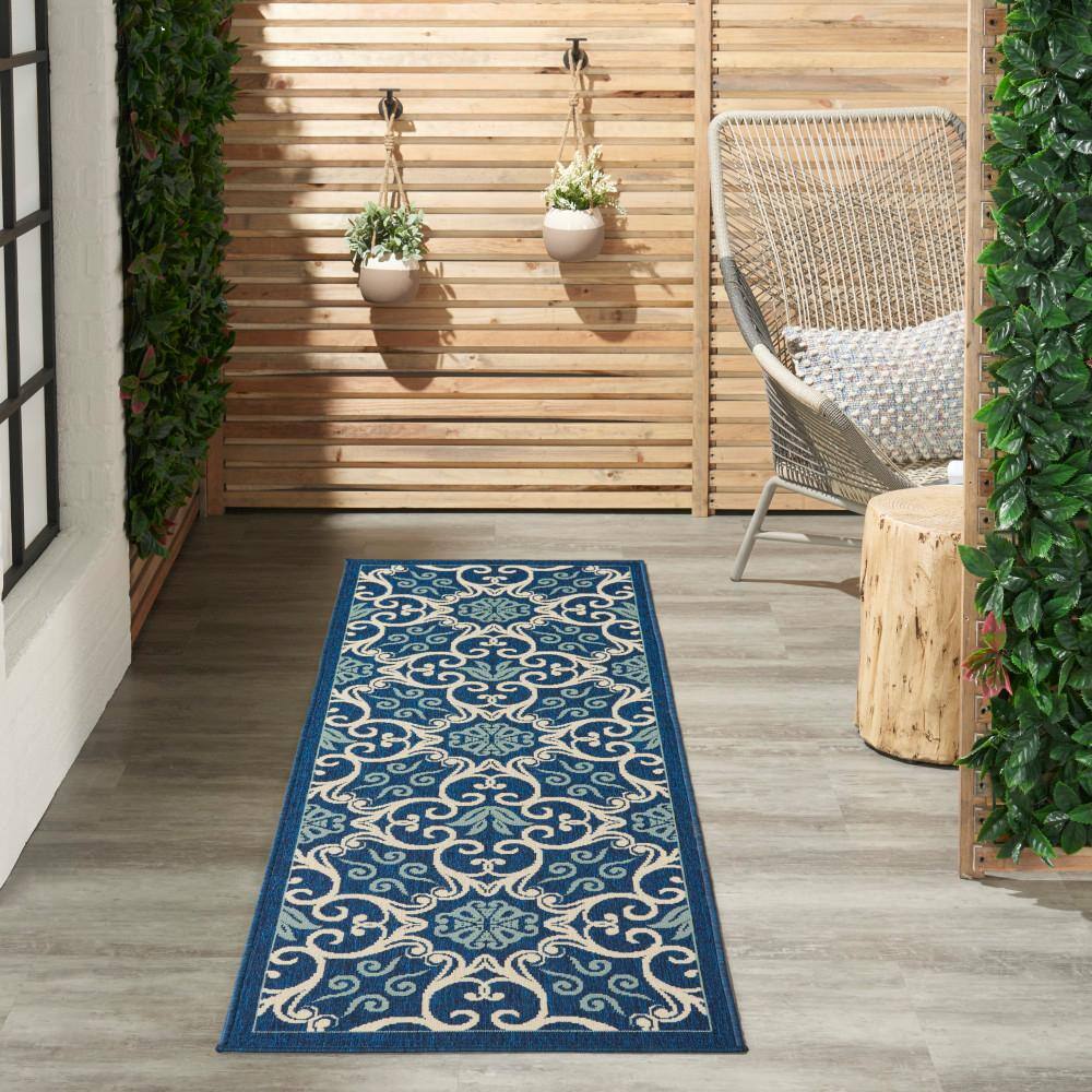 Navy Floral Synthetic Easy Care Outdoor Area Rug