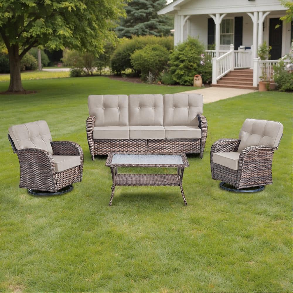 Modern Seaside 4-Piece Patio Wicker Outdoor Conversation Set Rocking Chair Swivel Glide with Table and Beige Cushions price history on PriceWatchPro