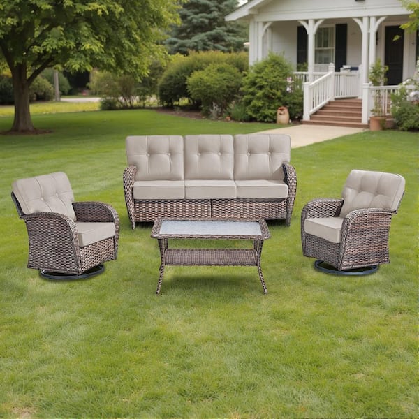 Modern Seaside 4-Piece Patio Wicker Outdoor Conversation Set Rocking Chair Swivel Glide with Table and Beige Cushions