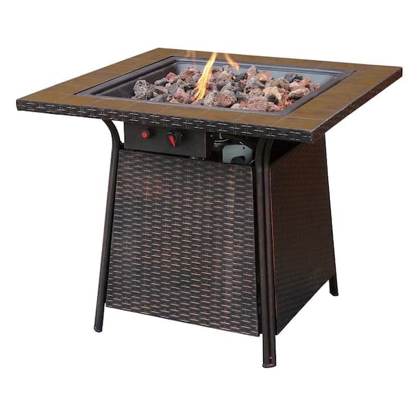 UniFlame 32 in. W Bronze Faux Wicker Base Ceramic Tile Surround LP Gas Fire Pit with Multi-Spark Electronic Ignition