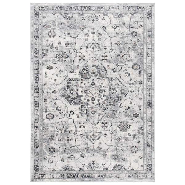 Shivan 5 ft. x 7 ft. Ivory/Gray Distressed Border Medallion Area Rug