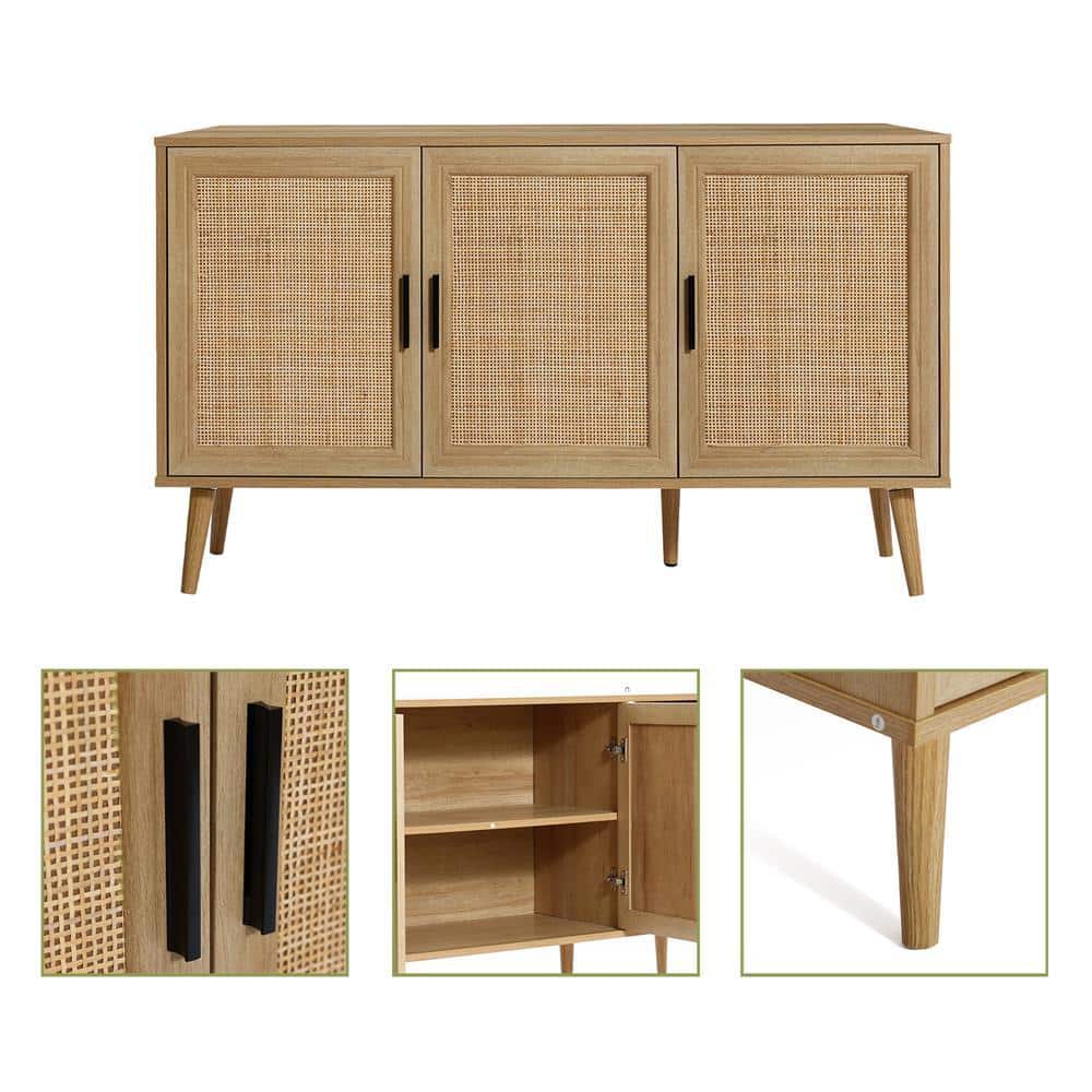 Light Oak 3-Door Rattan and Wood Sideboard Cabinet