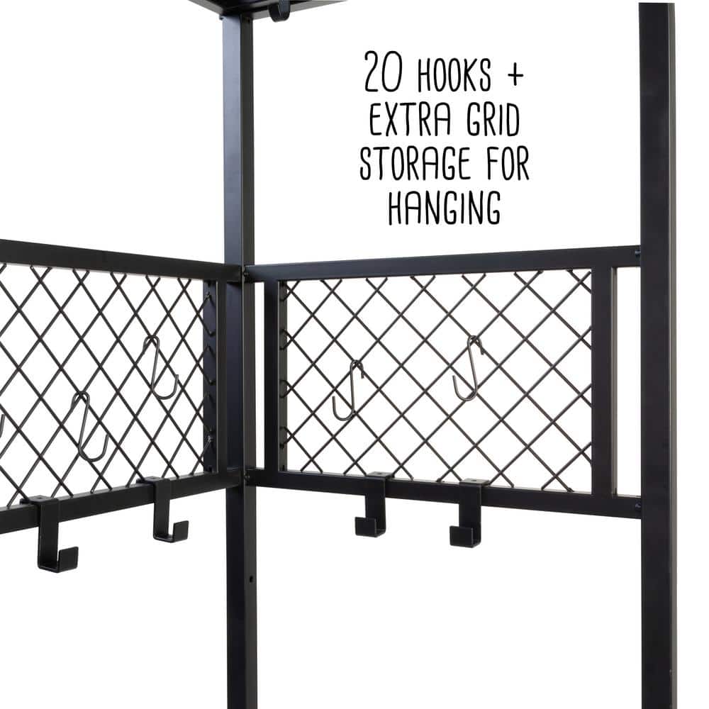 Black Steel 3-Shelf Storage Rack with Hanging Bar and Hooks