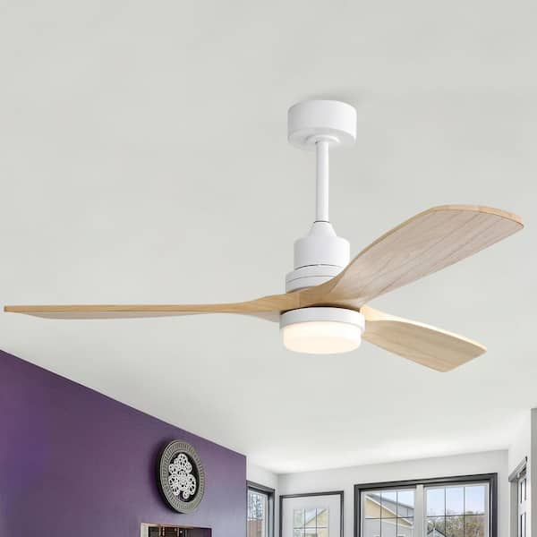 52 In. Indoor White 3 Solid Wood Blades Integrated LED Ceiling Fan with Remote Control and Reversible DC Motor