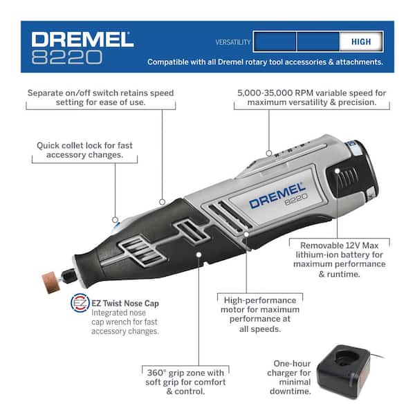 Dremel Series 12-Volt MAX Variable Speed Rotary Tool Kit with Flex-Shaft Flexible Tool Attachment 8220N/30H+22502 - The Home Depot