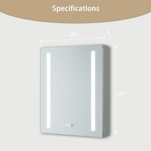 UKISHIRO 20 in. W x 26 in. H Silver Recessed/Surface Mount Medicine Cabinet with Mirror, Defogger and Left Hinge