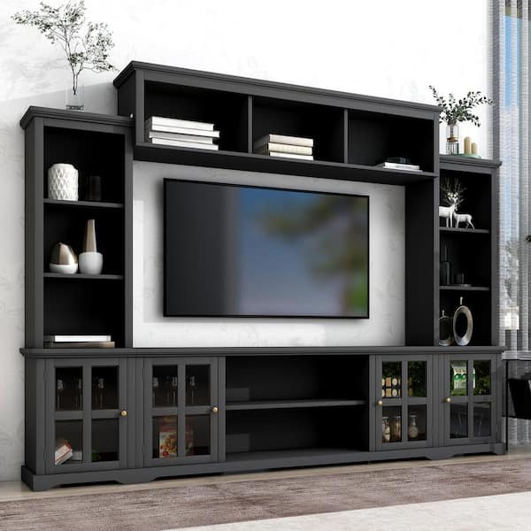 Harper & Bright Designs Black Minimalism Style TV Stand Fits TV's up to 70 in. with 3-Tier Shelves and Tempered Glass Door