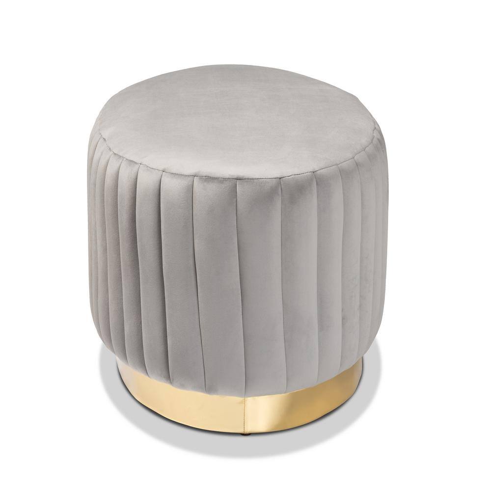 Kirana Gold-Tone PU Leather and Grey Velvet Tufted Ottoman