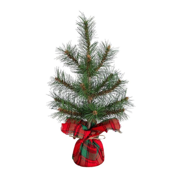 16 in. Artificial Christmas Tree with Tartan Plaid Flannel Wrapped Base
