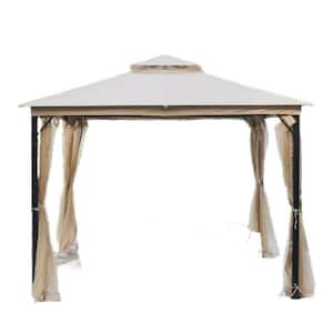 10 ft. x 10 ft. Soft Top Metal Gazebo with Mosquito Net and Sunshade Curtains, Sturdy Duty Double Roof Canopy Pergola