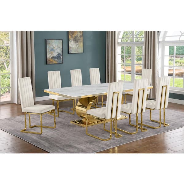 Best Quality Furniture Ibraim 9-Piece Rectangle White Marble Top Gold Stainless Steel Dining Set with 8 Cream Velvet Gold Chrome Iron Chair