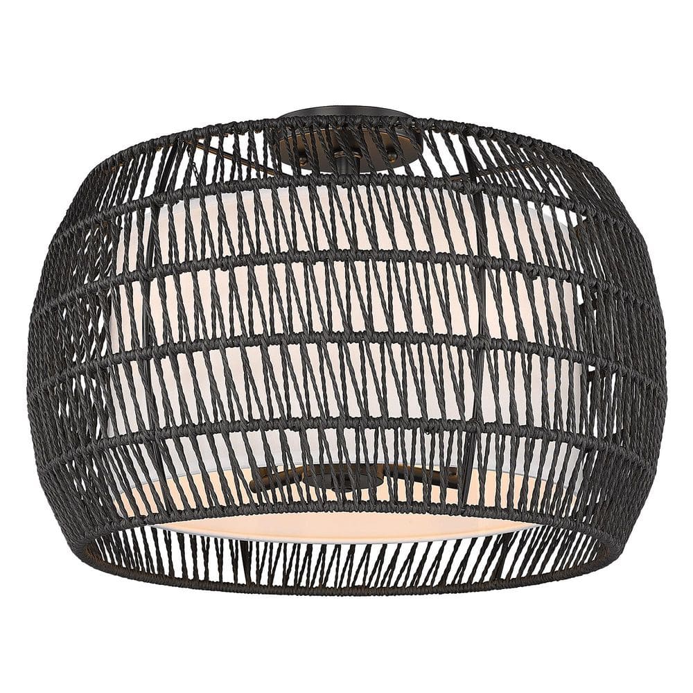 Everly Matte Black 19" Drum Semi-Flush Light with Modern Black Rattan Shade