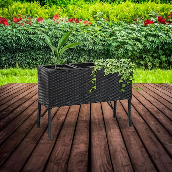 Sunnydaze 3-Section Plastic Wicker Raised Planter-Black NHU-8881