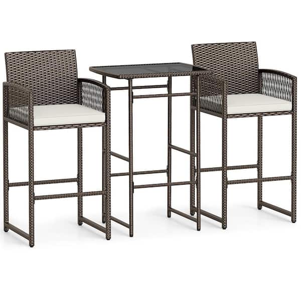 3 Piece Patio Bar Set Wicker Table and Armchairs with 2 Off White Cushions and Glass Tabletop