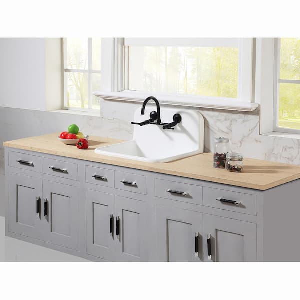 Adjustable Center 2-Handle Wall-Mount Standard Kitchen Faucet in Matte Black