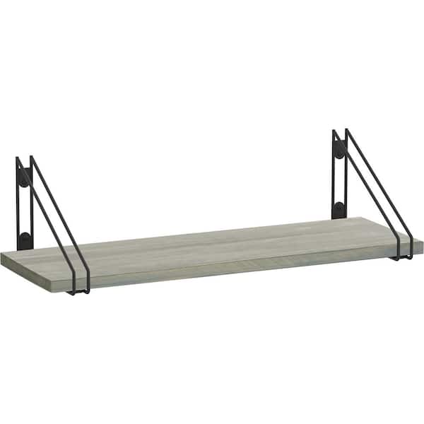 Liberty 24 in. x 8 in. x 6 in. Grey Stained Solid Pine Decorative Wall Shelf with Matte Black Wire Frame Steel Brackets