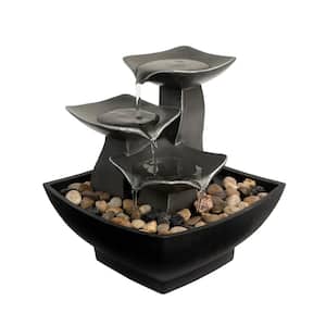 7 in. Tall Raku Bowl Waterfall with River Rocks and Electric Pump, 3-Tier Tabletop Water Fountain