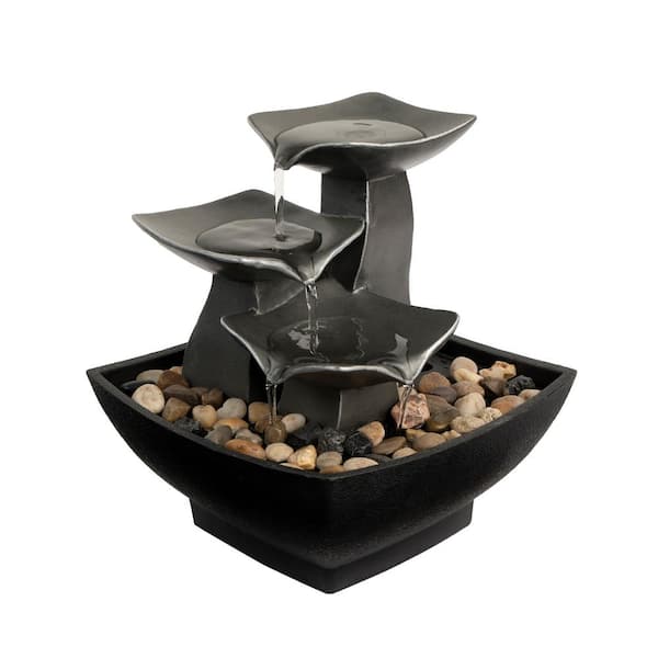 Unbranded 7 in. Tall Raku Bowl Waterfall with River Rocks and Electric Pump, 3-Tier Tabletop Water Fountain