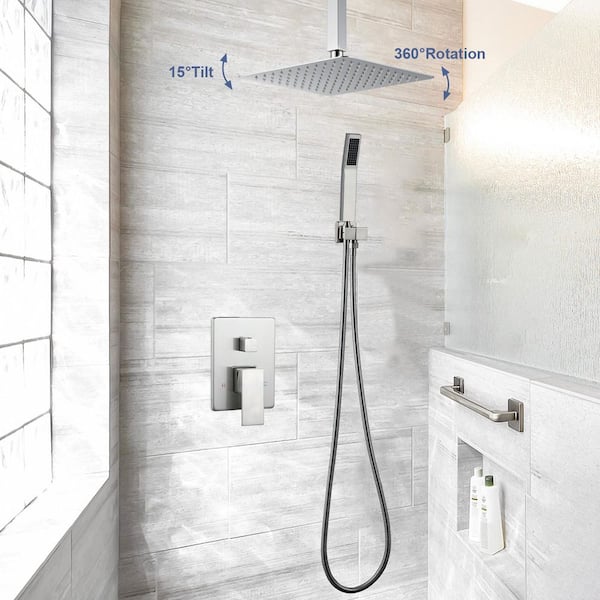 2-Spray Patterns 1.8 GPM Wall Mount 10 in. Dual Shower Head and Handheld Shower Head in Brushed Nickel
