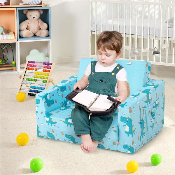 Green Velvet and Sponge 2-in-1 Convertible Kids Sofa (Set of 1)