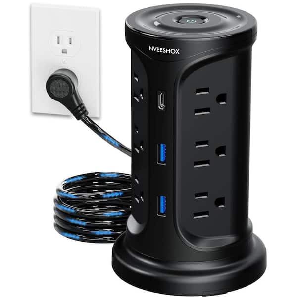 Etokfoks 12-Outlet Power Strip Tower Surge Protector with 3 USB Ports and 6.5 ft. Long Extension Cord, Black