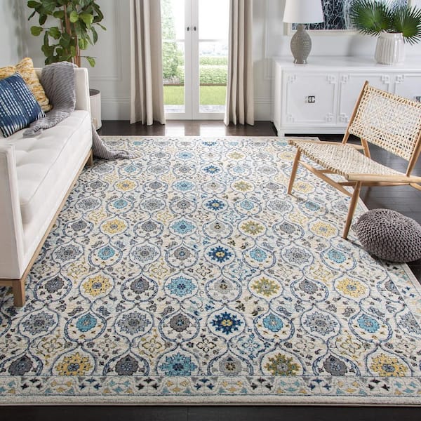 Evoke Ivory/Blue 9 ft. x 12 ft. Border Distressed Geometric Area Rug