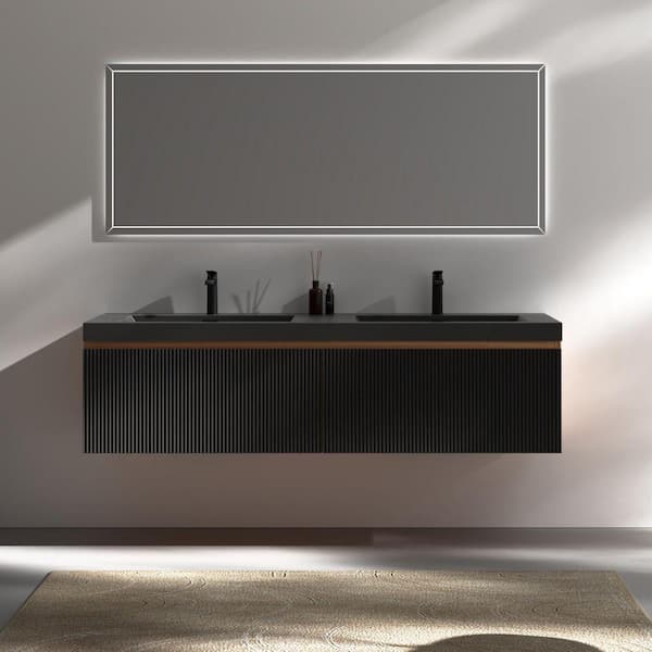 60 in. W Double Sink Walnut Black Floating Bath Vanity with Matte Black Quartz Sand Top