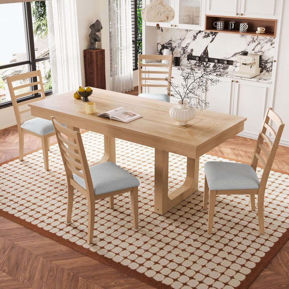 5-Piece Natural Wood Top Expanding Dining Table Set Seating 4 with Beige Cushions price history on PriceWatchPro