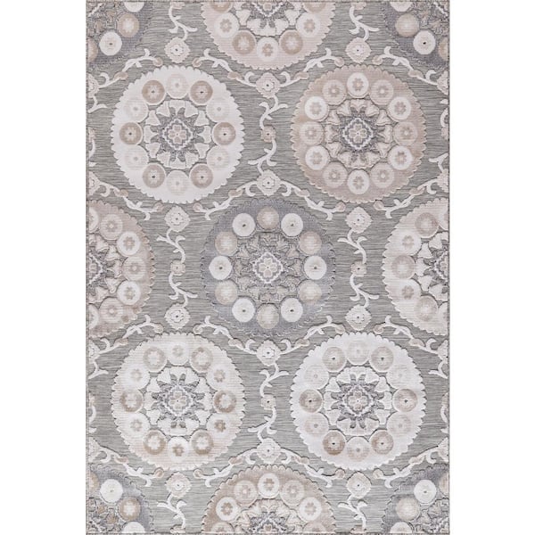 CAMILSON Bloom Beige/Gray 10 ft. x 14 ft. Bohemian Medallion Floral Indoor/Outdoor Area Rug