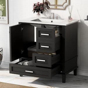 30 in. W Freestanding Bath Vanity in Black with White Ceramic Top and Sink, Soft Closing Door, 3 Drawers