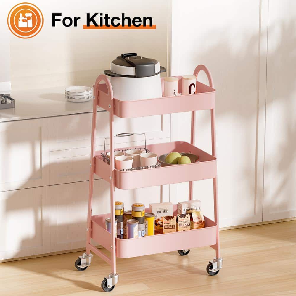 Pink 3-Tier Metal Rolling Kitchen Storage Cart with Wheels
