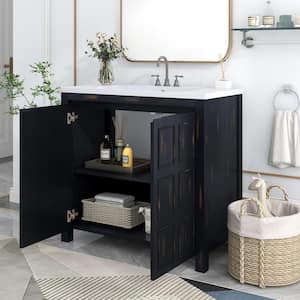 Victoria 36 in. W x 18 in. D x 34 in. H Freestanding Single Sink Bath Vanity in Black with White Integrated Countertop