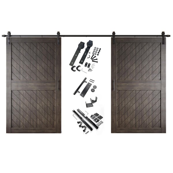 HOMACER XT2 42 in. x 84 in. C-Panel Ebony Slanted Stripe Design Double Pine Wood Sliding Barn Door with Hardware Kit