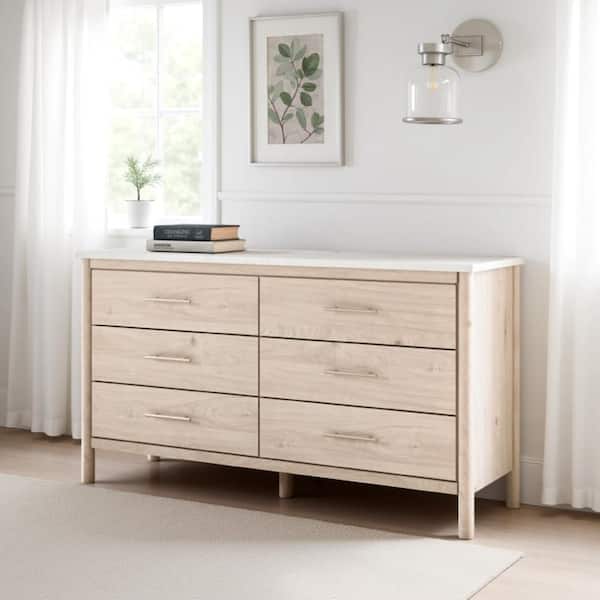 Mooran Wide Dresser, 6 Drawers, White Marble Finish Top, Brown Beige - Brown Beige, White, Champagne Bronze