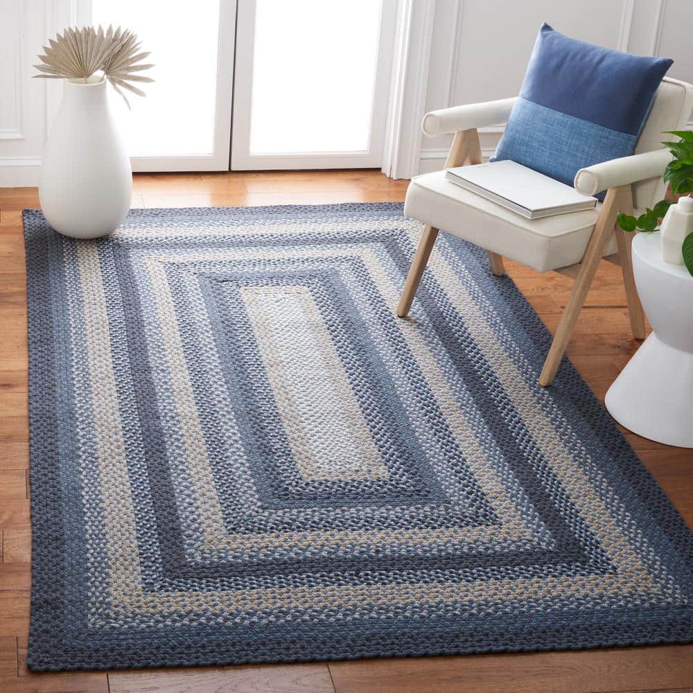 Handwoven Dark Gray and Blue Cotton Braided Area Rug, 5' x 8'