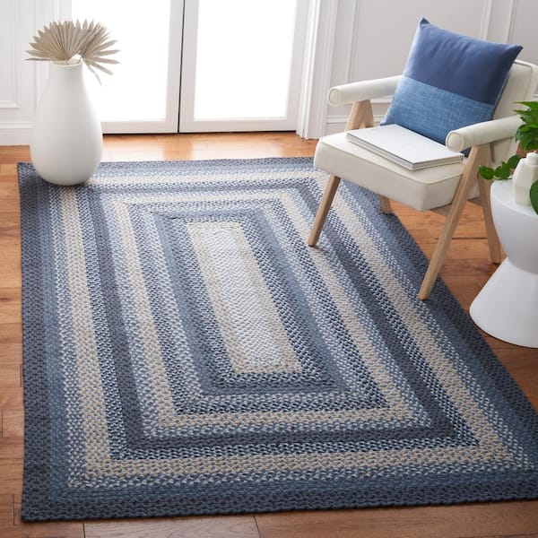 Braided Dark Gray/Blue 5 ft. x 8 ft. Striped Border Area Rug