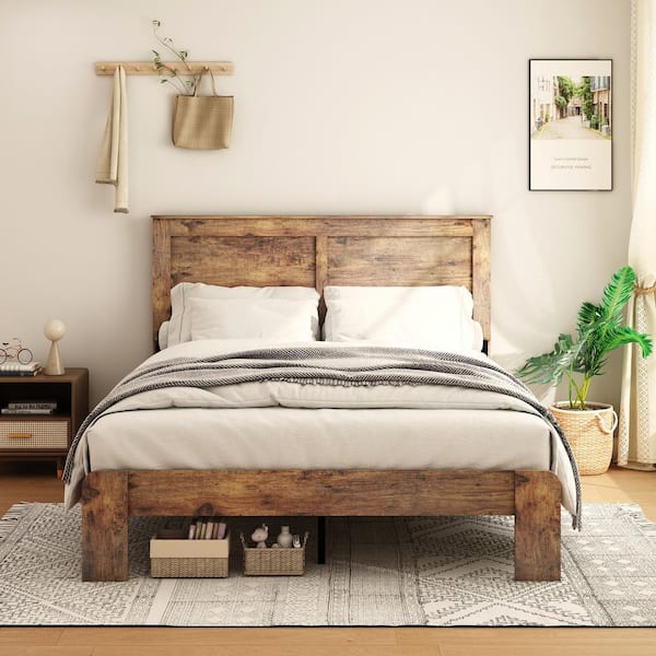 Dark Brown Wooden Frame King Size Platform Bed, No Box Spring Needed
