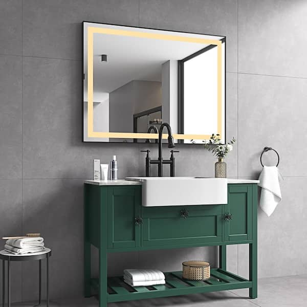 FUNKOL 48 in. W x 36 in. H Matt Black Rectangular Aluminium Framed LED Lighted Wall Bathroom Vanity Mirror with Anti-Fog