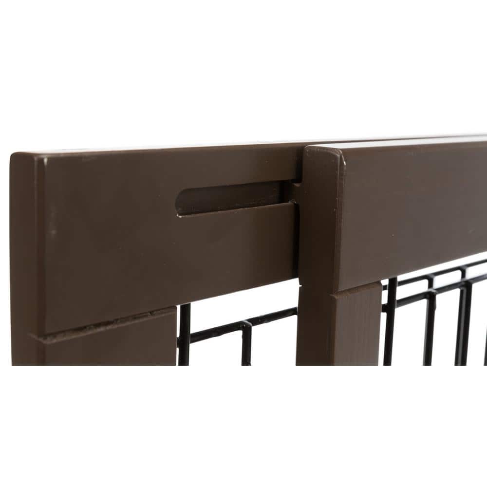 Adjustable Espresso Brown Wooden Freestanding Pet Gate, 24" Tall