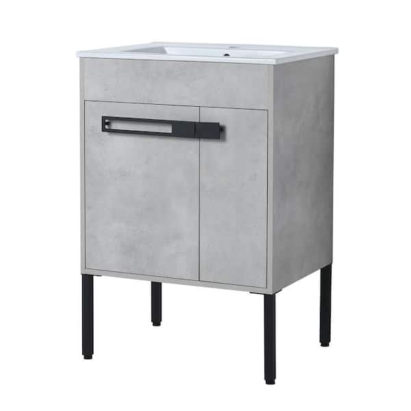 WELLFOR 24 in. W x 18-5/16 in. D x 35-1/16 in. H Bath Vanity in Cement Grey with White Thin Edge Ceramic Top
