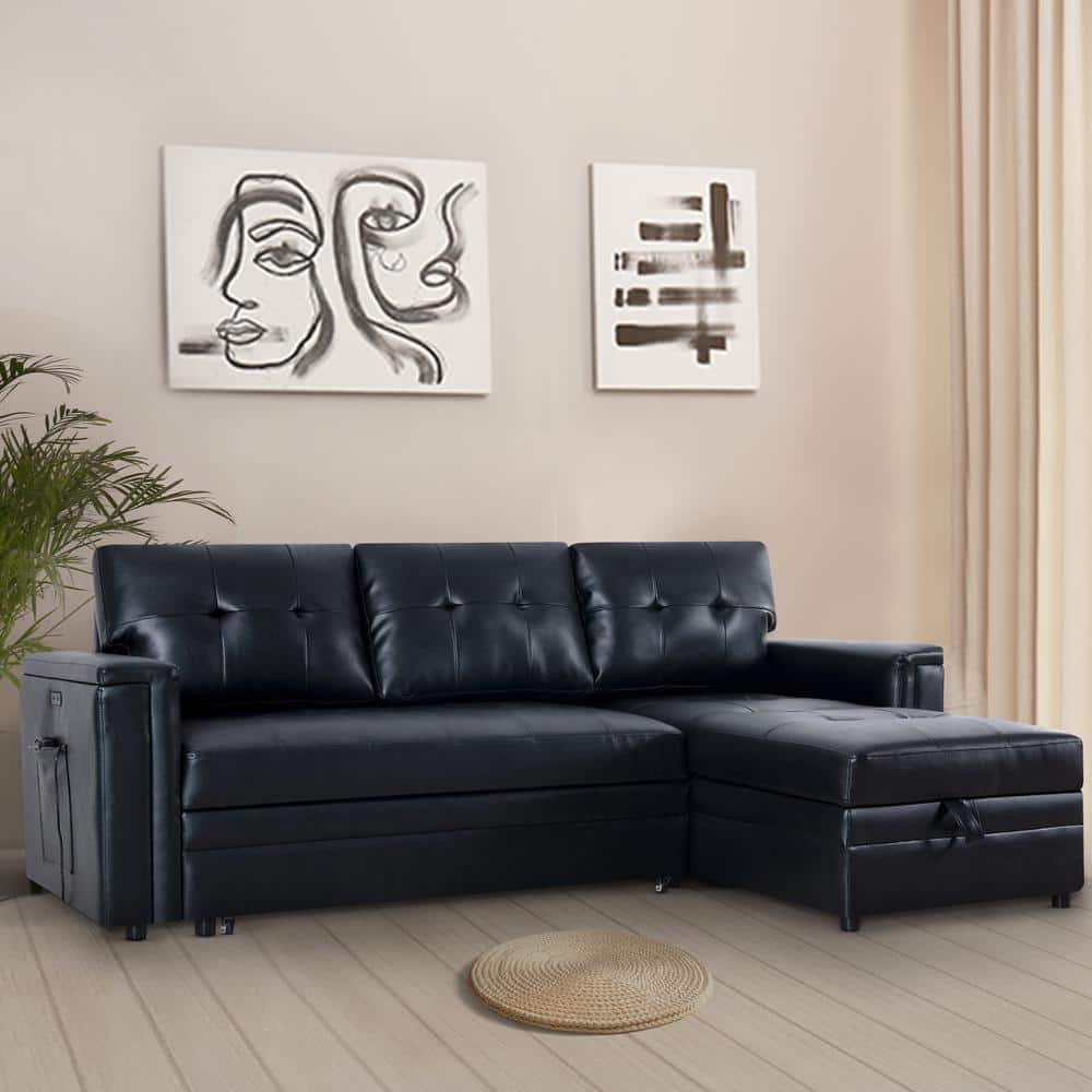 Naomi Home Lily Reversible Sleeper Sectional with Storage and USB Ports Color Black Fabric Air Leather