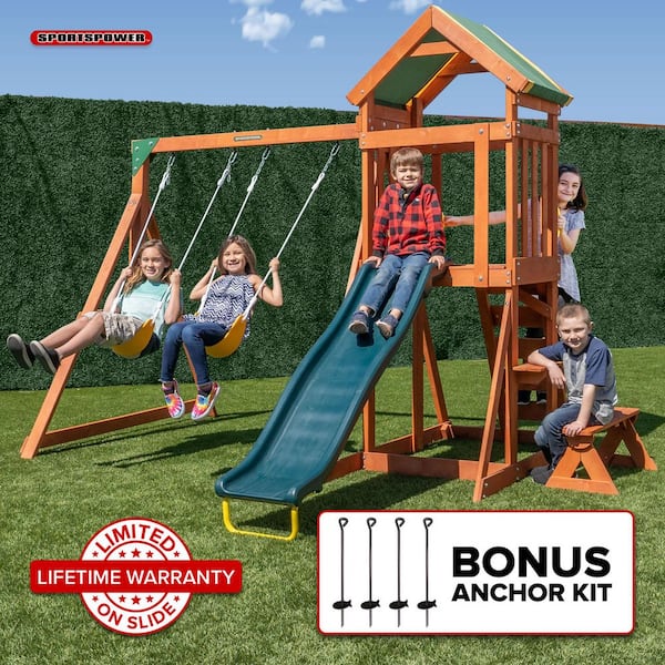 SPORTSPOWER Scottsdale Wood Swing Set with Slide, Sandbox and