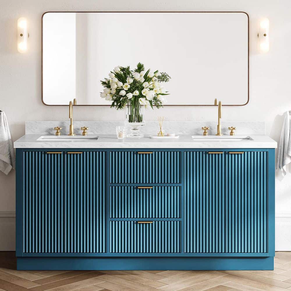 Milan 72 in. Double Sink Freestanding in Vintage Blue Bath Vanity with Carrara White Marble Top price history on PriceWatchPro