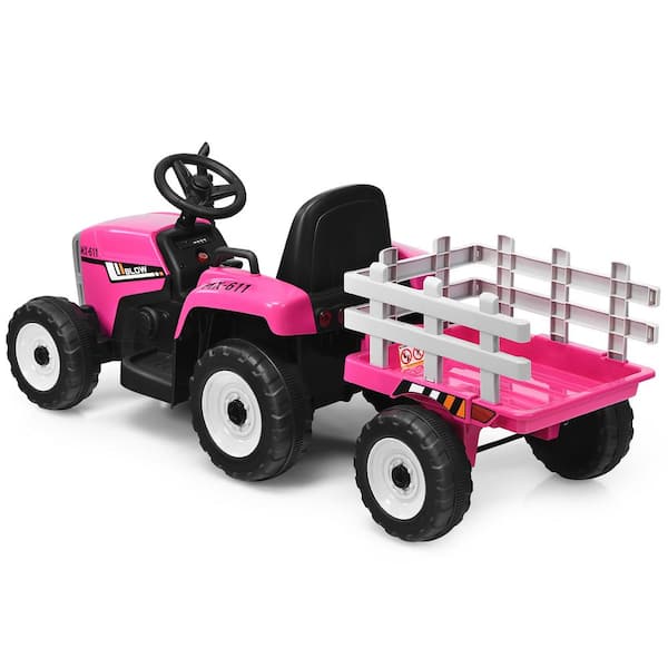 HONEY JOY Ride On Tractor with Trailer, Toddler 3-Gear-Shift Ground Loader,  LED Lights, Horn, Music, 12V Battery Powered Electric Toy Tractor with