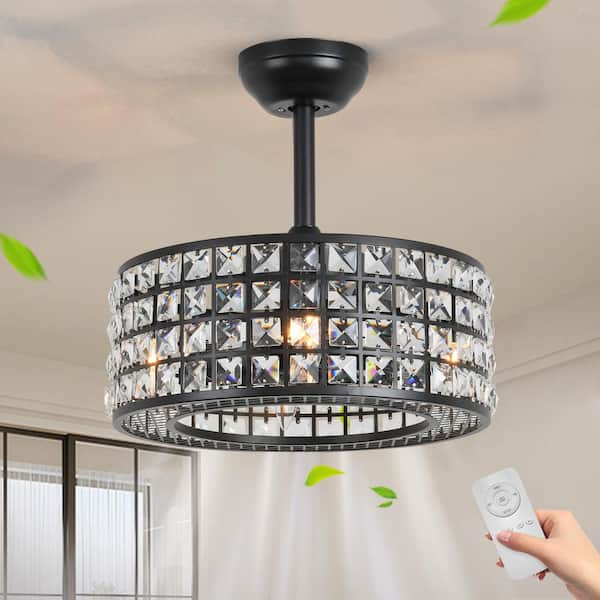 ANTOINE 17 in. Indoor Modern Black Caged Crystal Ceiling Fan with Lights and Remote, Small Enclosed Bedroom Ceiling Fan