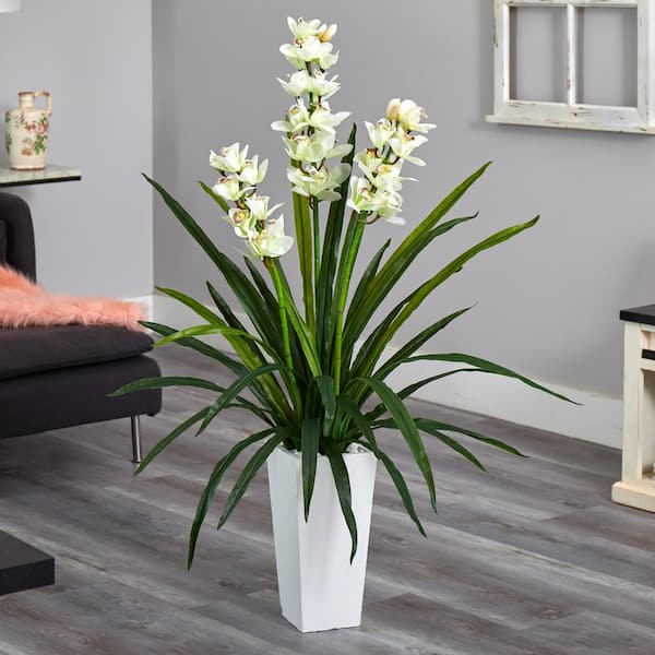 Nearly Natural Cymbidium Orchid Artificial Black Vase Silk