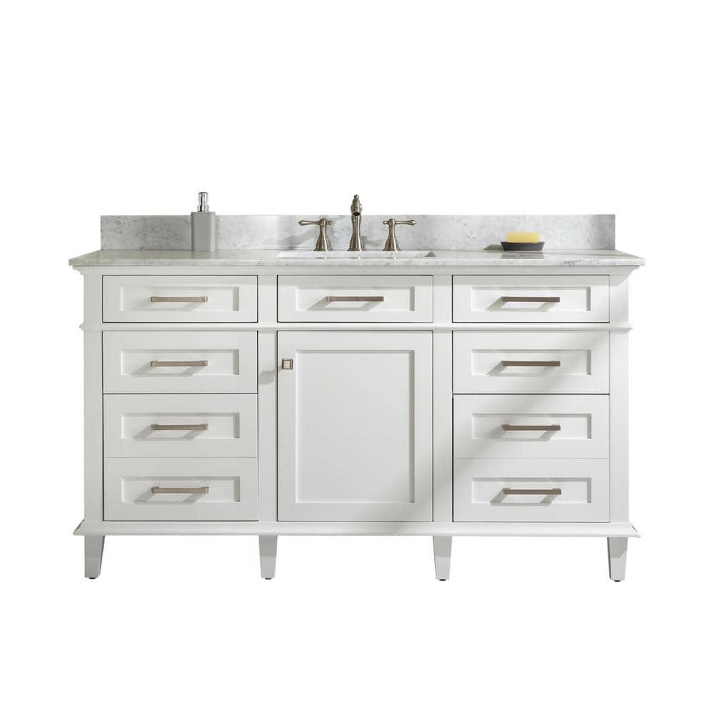 White 60" Freestanding Single Sink Vanity with Carrara Marble Top