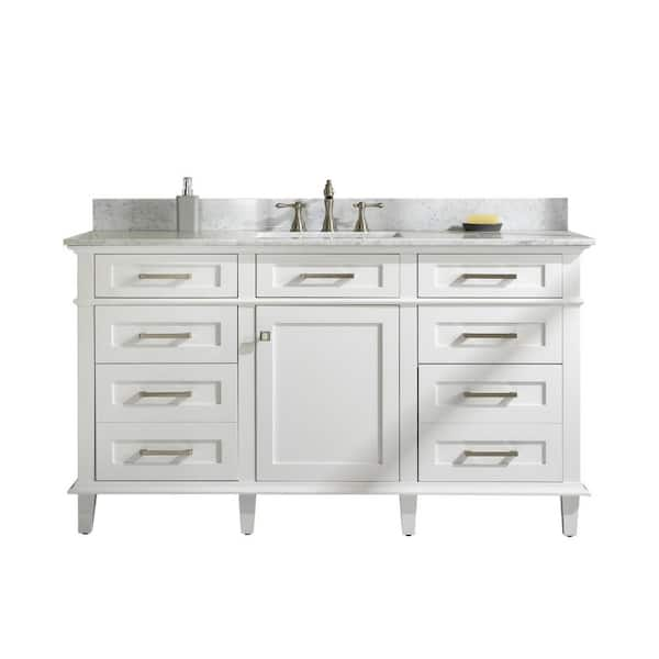 60 in. W x 22 in. D Vanity in White with Marble Vanity Top in White with White Basin With Backsplash