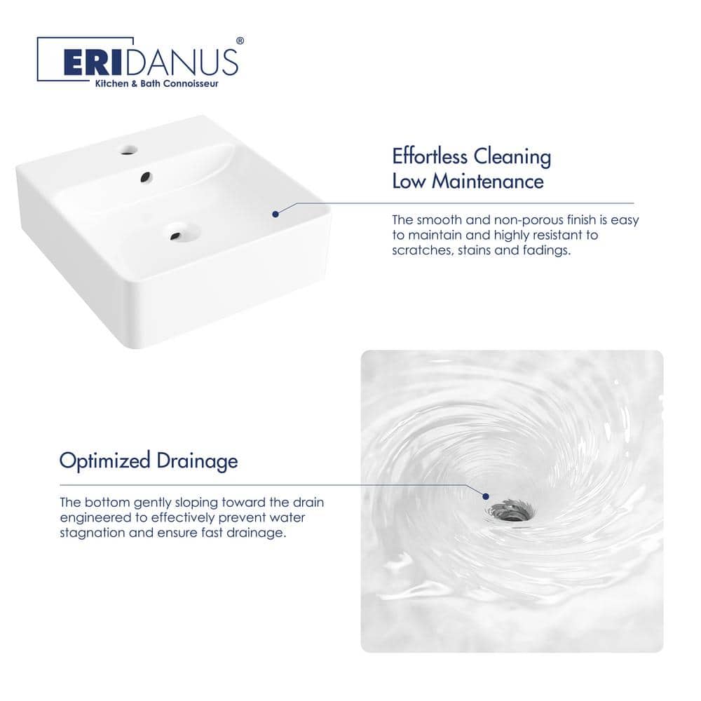 Crisp White Ceramic Square Wall-Mount Bathroom Sink with Overflow